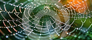 Dew-covered spider web glistening in sunlight photo