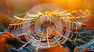 Dew-Covered Spider Web in Golden Morning Light.