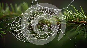 a dew covered spider web hanging from a pine tree branch