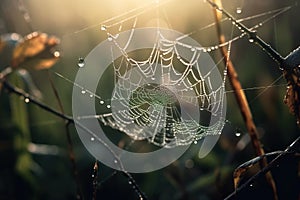 a dew covered spider web in the middle of a field