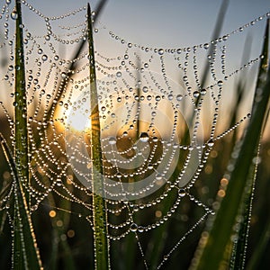 Droplets create a beaded pattern across the web, reflecting the