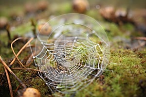 dew-covered spider webs on badger sett