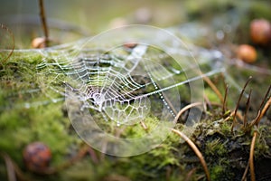 dew-covered spider webs on badger sett