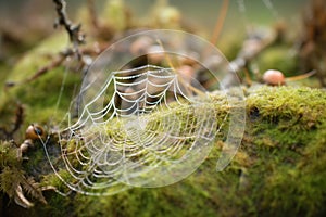 dew-covered spider webs on badger sett