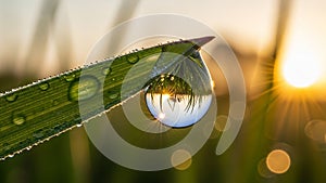 Dew Drop on Green Leaf at Sunrise