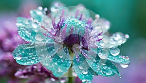 Dew drops on a beautiful purple and turquoise flower. Foreground and blurred background. Enchanting athmosphere.