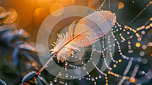 Dew Drops on Feather Caught in a Spider Web at Sunrise