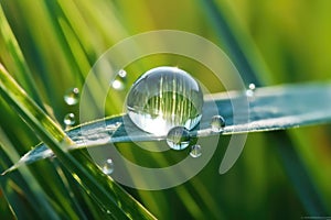 Dew Drops on Grass Blade Close-up. Generative AI