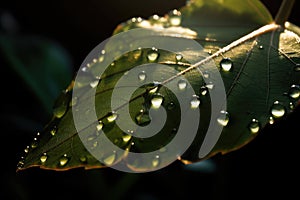 Dew drops on a leaf with the sun rising in the background, creating a stunning contrast between light and dark.