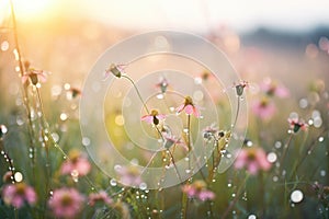 dew drops on petals in a misty wildflower field at dawn