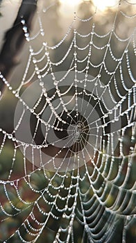 Dew drops on spider web in morning light