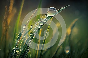 Dew on the fresh spring grass in the field.