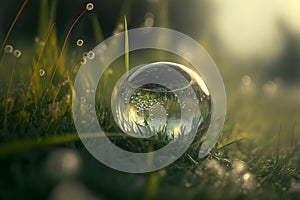 Dew on the fresh spring grass in the field. Water drops on a blade of grass after rain close-up, macro. Blurred background