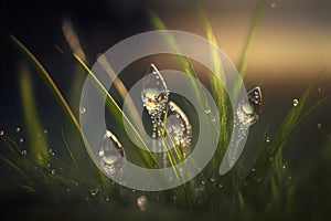 Dew on the fresh spring grass in the field. Water drops on a blade of grass after rain close-up, macro. Blurred background