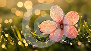 Dew Kissed Blossom In Morning Sunlight Grass
