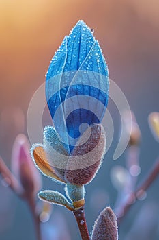 Dew-kissed blue magnolia bud at dawn