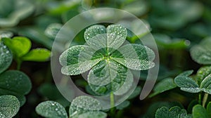 Dew-kissed clover shines in vibrant green, a symbol of luck and Irish tradition, perfect for St. Patrick\'s Day themes