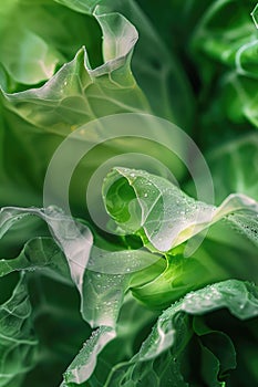 Dew-kissed leaves of green cabbage in a serene macro shot