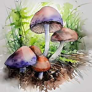 Dew-kissed mushrooms emerge in a watercolor forest photo