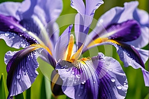 Dew-Kissed Purple Iris Petals Unfurling in the Soft Glow of Dawn - Close-up Floral Beauty