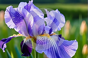 Dew-Kissed Purple Iris Petals Unfurling in the Soft Glow of Dawn - Close-up Floral Beauty