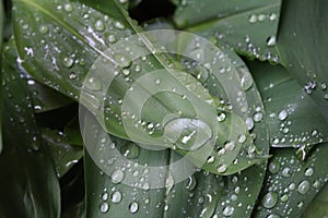 Dew, rain drops, water drops on the leaves of Convallaria mayalis common Lily of the walley