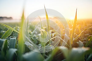 dew-soaked cornfield with sunrise