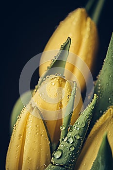 Dew water drops on a yellow petal flower