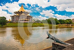 Dewan Undangan Negeri Sarawak. Sarawak State Legislative Assembly in Kuching, Sarawak, Malaysia. Monument to the crocodile.