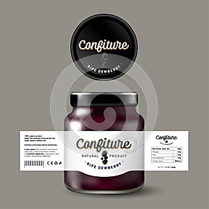 Dewberry confiture. Sweet food. White label with blackberry and letters. Mock up of glass jar with label.