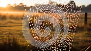 A dewcovered spiderweb in the early morning light photo