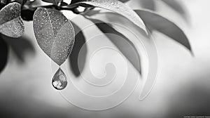 Dewdrop Hanging From a Leaf in Black and White