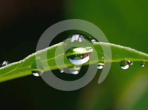 Dewdrop hangs from the tip of a green leaf