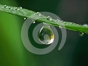 Dewdrop hangs from the tip of a green leaf