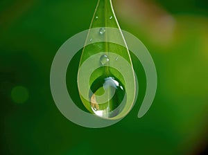 Dewdrop hangs from the tip of a green leaf