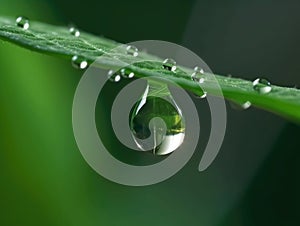 Dewdrop hangs from the tip of a green leaf