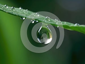 Dewdrop hangs from the tip of a green leaf
