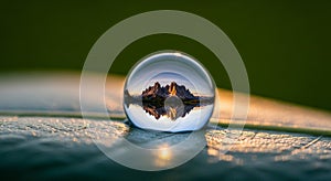 A dewdrop rests on a leaf, perfectly encapsulating the reflection of jagged mountain