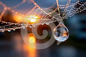 Dewdrop on Spiderweb Reflecting Golden Sunrise