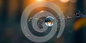 Dewdrop on spiderweb reflecting golden sunset light