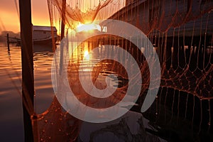 dewdrops on fishing nets at sunrise on a dock
