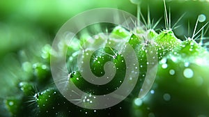 Dewdrops glisten on a vibrant green cactus surface