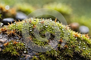 Dewdrops glisten on vibrant moss in a tranquil forest setting Generative AI