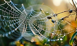 Dewdrops Glistening on a Delicate Spiderweb in the Morning Light