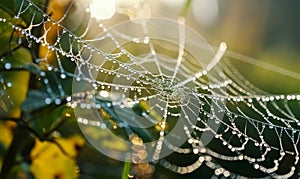 Dewdrops Glistening on a Delicate Spiderweb in the Morning Light