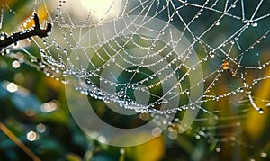 Dewdrops Glistening on a Delicate Spiderweb in the Morning Light, Illustrating the Intricacy and Transient Beauty