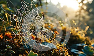 Dewdrops Glistening on a Delicate Spiderweb in the Morning Light, Illustrating the Intricacy and Transient Beauty