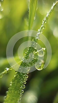 Dewdrops settle on blades of grass in a meadow early in the morning in summer