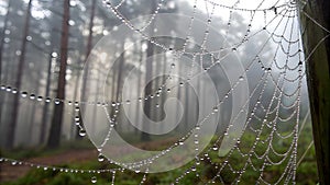 Dewdrops on Spiderweb in Misty Forest water droplets