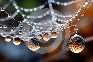Dewdrops on a Spiderweb Reflecting Golden Light
